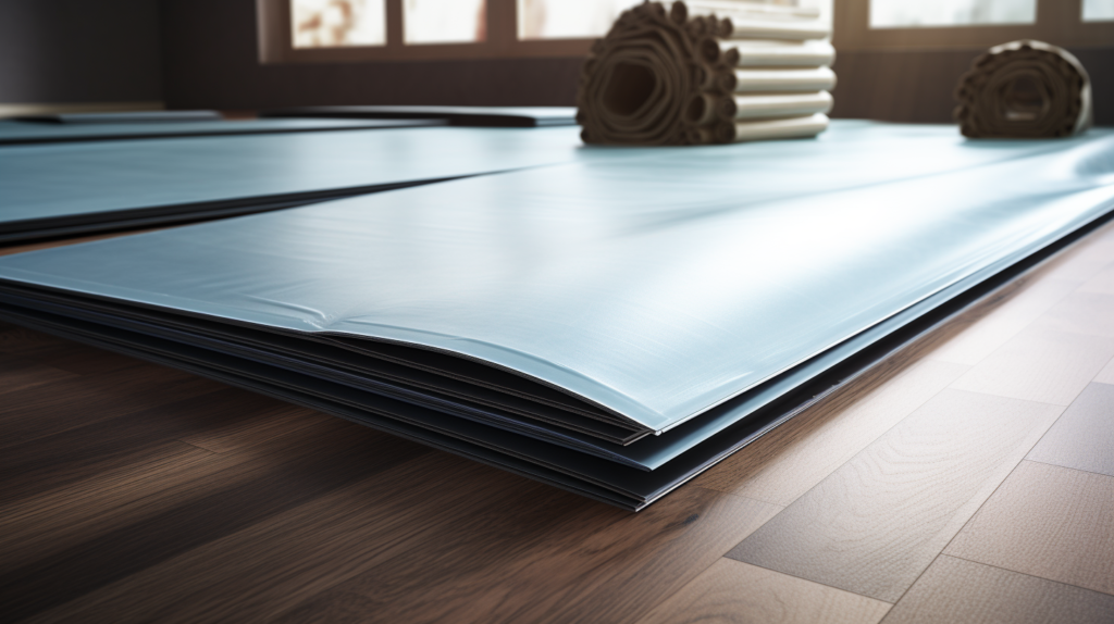 A skilled professional installing Mass Loaded Vinyl (MLV) underlayment under a wooden floor. This precise installation method enhances soundproofing for flooring applications. The installer's attention to detail is key to achieving optimal acoustic performance.