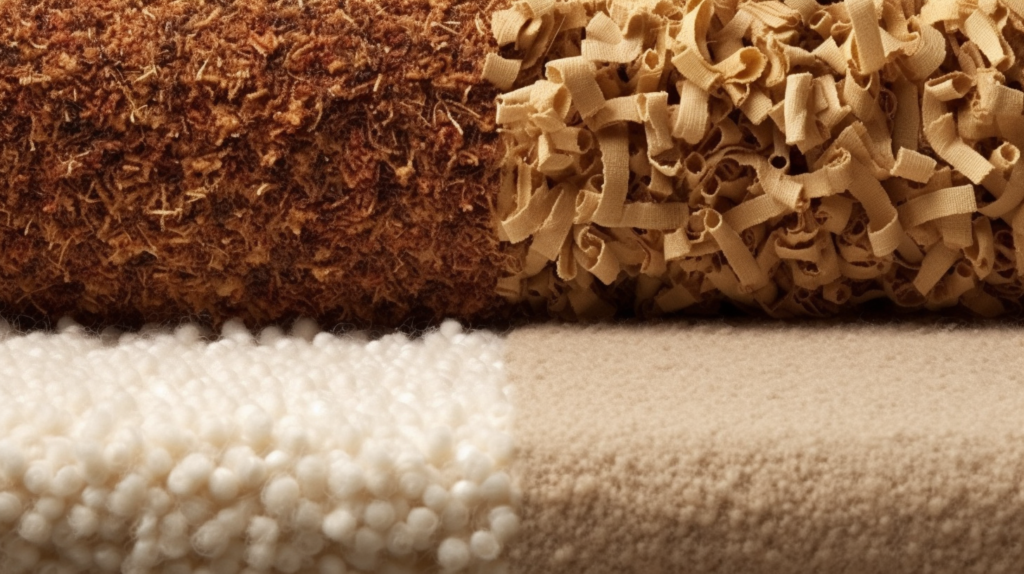 An image presenting a visual comparison of carpet materials for soundproofing. It showcases two carpet samples, one made of denser materials like wool or nylon and the other made of lighter materials like polyester. The image highlights the differences in material density and pile thickness, which are crucial for effective soundproofing. Additionally, it displays a cross-section of a carpet with a high-density pile and a deep pile, demonstrating the space for sound waves to be trapped and absorbed. This visual aid helps readers understand the factors that contribute to soundproofing in carpets.