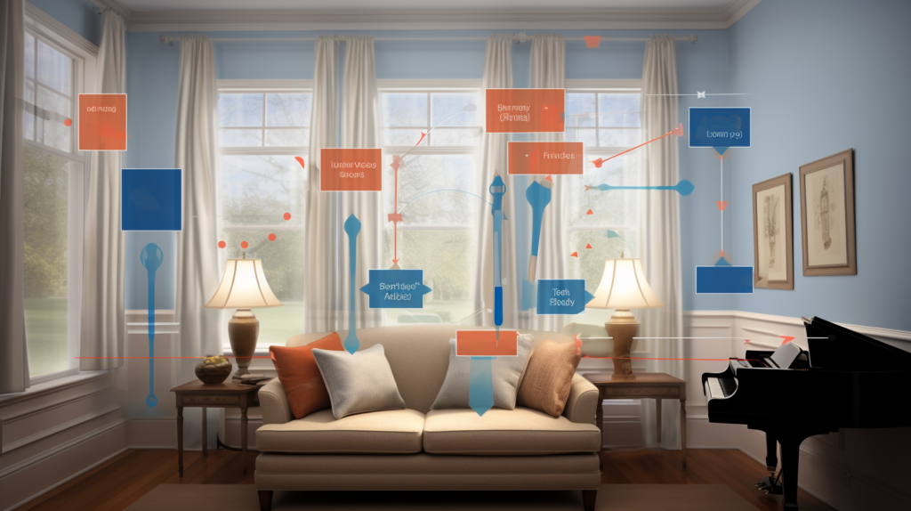 An image showcasing a window surrounded by various soundproofing options. These options, including double-pane and triple-pane windows, window inserts, weatherstripping, DIY window plugs, heavy curtains, and acoustic caulk, are labeled and depicted with icons. This visual guide helps homeowners explore the range of soundproofing solutions available for their windows.