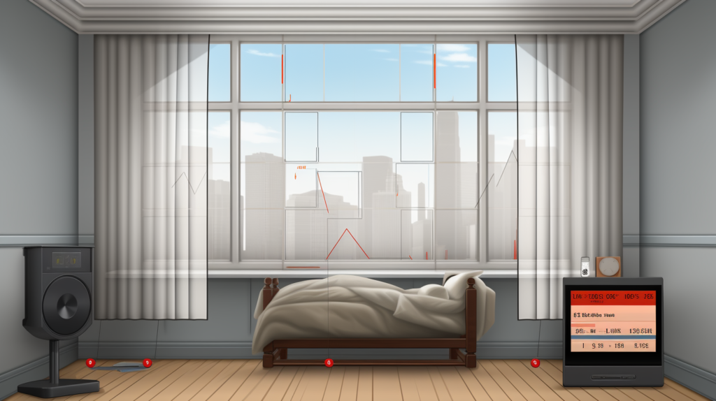 An image of a room with a window and a smartphone displaying a decibel meter app. The app provides "before" and "after" sound level readings, enabling users to quantitatively evaluate the effectiveness of their window soundproofing. The comparison shows a decrease in decibel levels after implementing soundproofing measures.