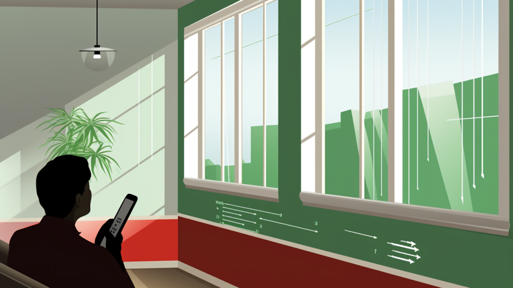 An image of a room with a window and various soundproofing measures. A person uses a smartphone app to measure sound levels, with visual indicators showing the effectiveness of soundproofing. A green checkmark signifies effective soundproofing, while a red "X" represents ineffective soundproofing, allowing users to assess the success of their soundproofing efforts.