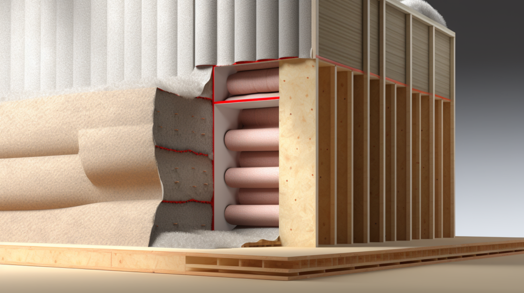 A visual representation of the soundproofing process for home office walls. Layers of soundproofing materials, including mineral wool and resilient channels, are being added to the wall to enhance density and disrupt the path of sound vibrations, creating a quieter and more productive workspace
