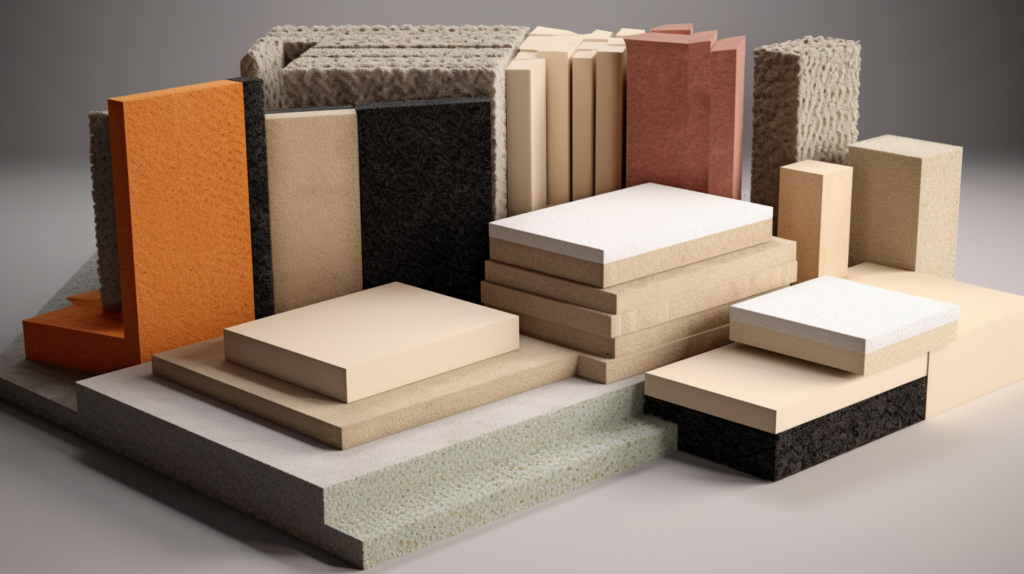An illustration displaying various soundproofing materials in a room, including Nitrile Butadiene Rubber (NBR) panels, dense foam panels, acoustic mineral wool insulation, and soundproof drywall. These materials are depicted as dense and flexible, capable of effectively blocking and absorbing sound.