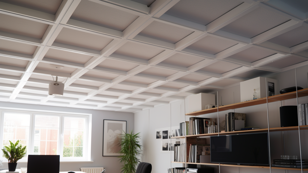 An illustrative image showcasing the soundproofing of a home office ceiling. A suspended or drop ceiling is featured, creating a gap filled with soundproofing materials and covered with acoustic tiles for added sound dampening. Resilient channels are integrated into the ceiling structure, and drywall is being installed on these channels, significantly enhancing the ceiling's ability to block sound transmission.