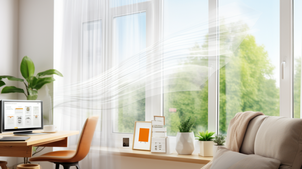 A detailed image displaying a soundproofed home office window with double or triple pane glass, effectively reflecting and absorbing sound energy. Adjacent to the window, elegant acoustic curtains are drawn, adding an aesthetic touch while enhancing sound insulation. Additionally, a close-up shows the application of acoustic sealant to seal any gaps around the window frame, ensuring a complete acoustic barrier.
