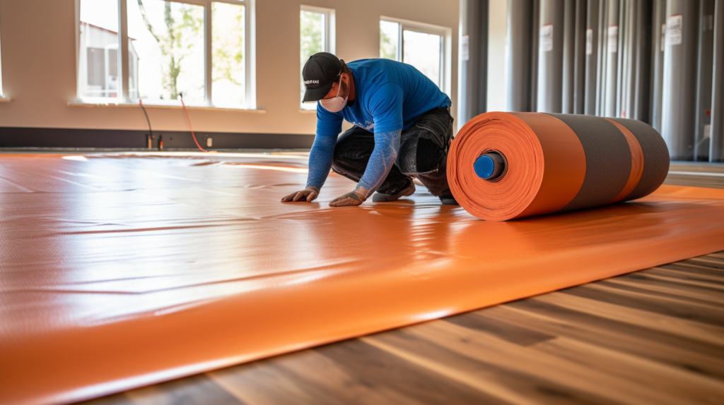 A skilled installer unrolls Mass Loaded Vinyl (MLV) underlayment beneath a wooden floor, ensuring high-quality soundproofing for flooring applications. This careful installation approach enhances acoustic performance and reduces noise.