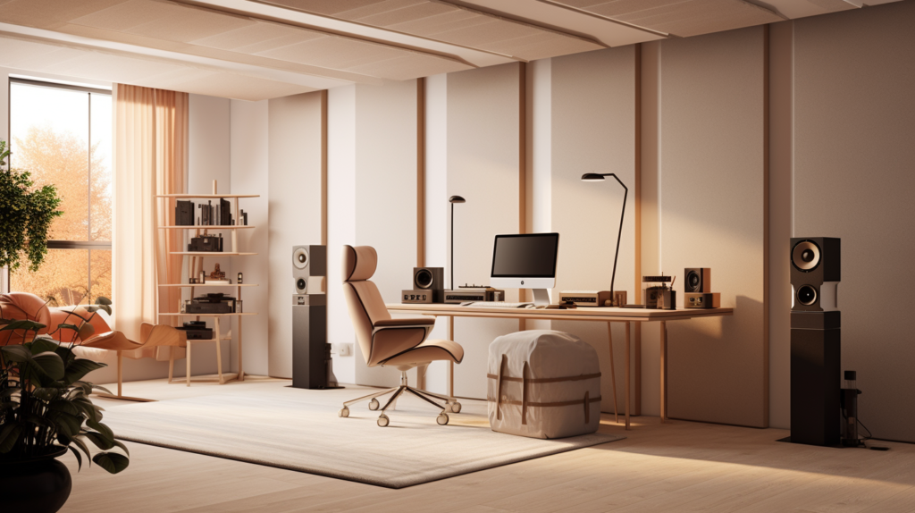 A visual representation of a home office optimized for room acoustics. Acoustic panels on the walls absorb sound reflections, creating clarity in the auditory environment. Bass traps in room corners manage low-frequency sounds for a balanced sound profile. Diffusers scatter sound waves for an even distribution, ensuring a natural auditory experience. The image also showcases thoughtful furnishing choices, combining soft and hard items to enhance the room's acoustics for a productive and pleasant workspace