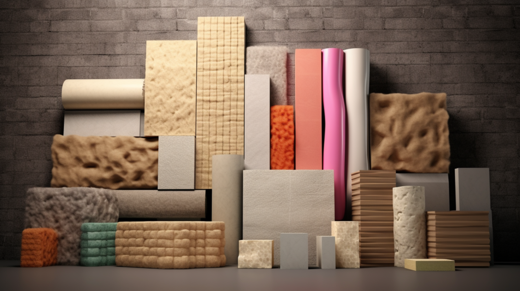  An image displaying different insulation materials commonly used for soundproofing applications. The samples include fiberglass insulation, rock wool insulation, cellulose insulation, and spray polyurethane foam insulation. The image highlights the varying densities and characteristics of these materials. This visual aid helps readers understand the differences in insulation types and their suitability for soundproofing projects.