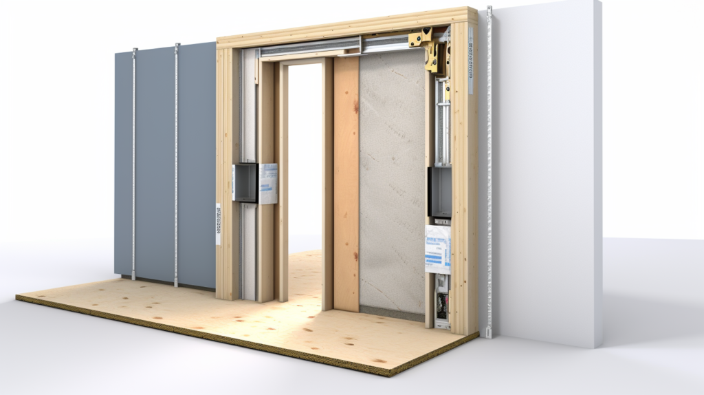 A visual representation of door soundproofing in a home environment. The image demonstrates the replacement of a hollow interior door with a solid core door, featuring its denser construction as an effective noise barrier. Soundproofing panels are added to an existing door to enhance its soundproofing capabilities. Weatherstripping around the door frame creates a tight seal, and a door bottom fills the gap between the door and the floor, preventing sound leakage. This comprehensive soundproofing solution is crucial for maintaining a quiet and peaceful environment