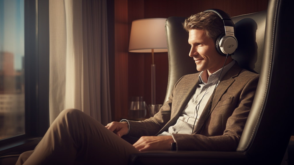 A guest in a Marriott hotel room, seated with noise-canceling headphones, conveying a peaceful and comfortable stay. A "Do Not Disturb" sign hangs on the door handle, promoting a serene atmosphere in the room.