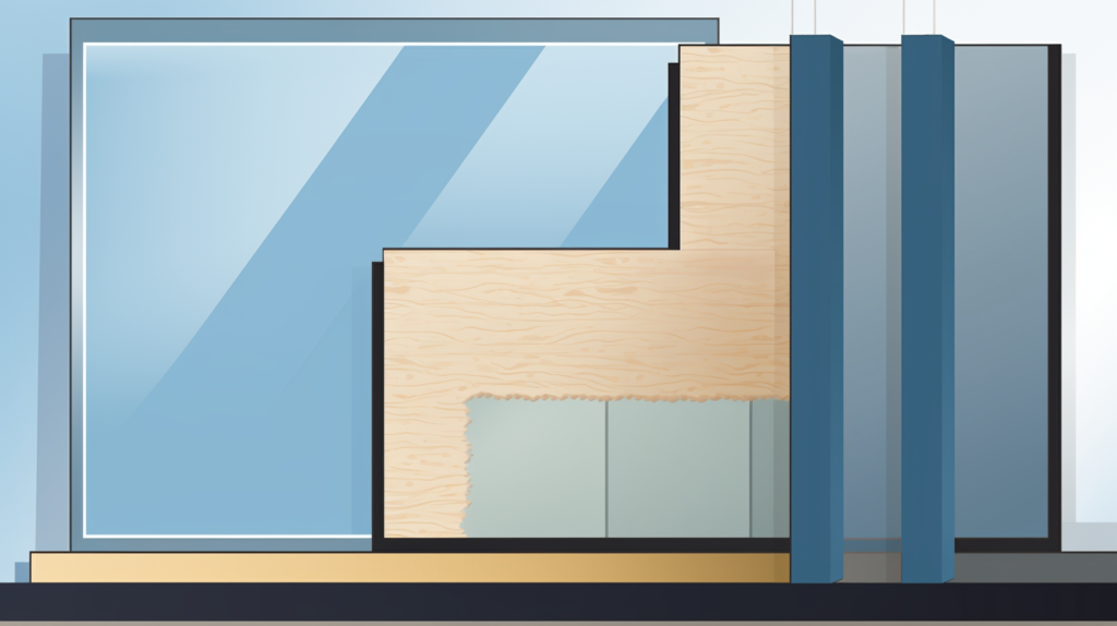 An illustrative image comparing soundproofing glass with alternative soundproofing materials. On one side, soundproofing glass demonstrates its effectiveness in reducing noise, and on the other side, alternative solutions like acoustic panels and soundproofing curtains are showcased. This image conveys the idea that while soundproofing glass is effective, there are alternative options to consider based on specific needs and constraints