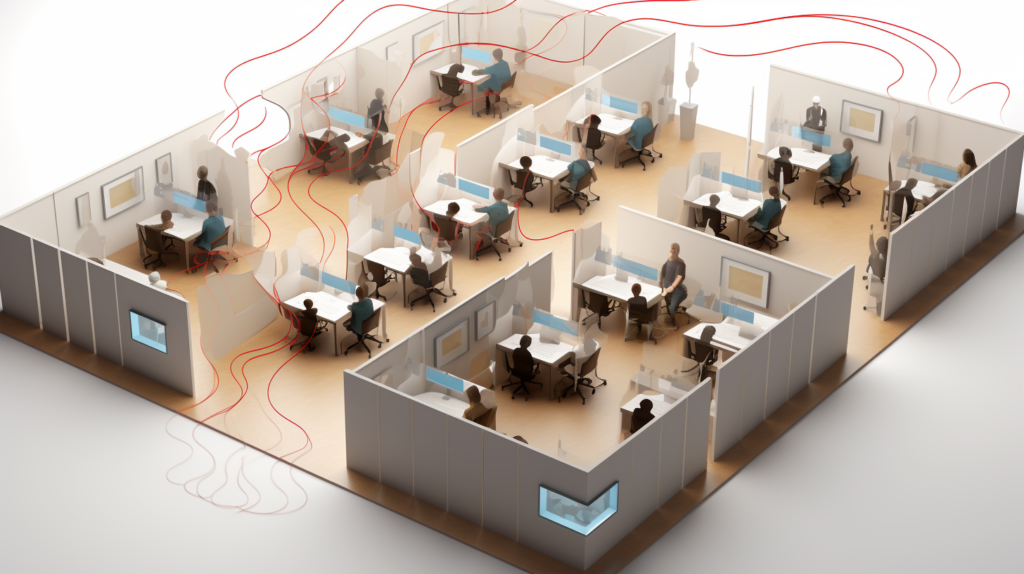 An office floorplan with cubicles depicted as interconnected islands. Soundwaves emanate from each cubicle, highlighting the challenges of sound permeation in open office environments. The visual representation illustrates how sound travels through thin cubicle walls, connecting employees in adjacent workspaces despite the lack of acoustic privacy.