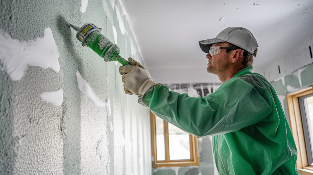 An illustrative depiction of the precise application of Green Glue for soundproofing. A construction worker is featured in the image, using a quart-size caulking gun to apply Green Glue in a random pattern across a substantial sheet of drywall. The even and comprehensive coverage highlights the attention to detail needed for achieving the best soundproofing outcomes