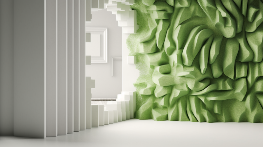 An illustrative depiction of the role of Green Glue in a comprehensive soundproofing system. The image shows a wall with Green Glue applied between layers of drywall. Surrounding the wall, soundwaves in the air symbolize the complexity of sound transmission. This visual conveys that Green Glue, although vital, is part of a larger strategy involving various soundproofing materials to achieve effective noise reduction