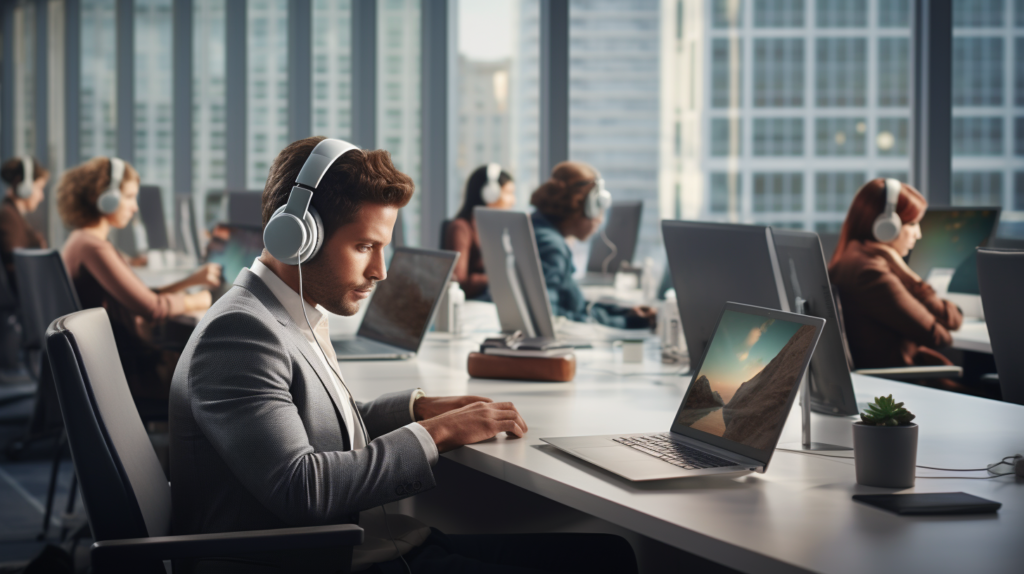 In an office setting, employees wear stylish noise-canceling headsets and earbuds with advanced noise-cancellation technology. The devices actively block out ambient office noise, allowing employees to work in a focused auditory space. The image showcases the use of personal soundproofing solutions to combat workplace noise.
