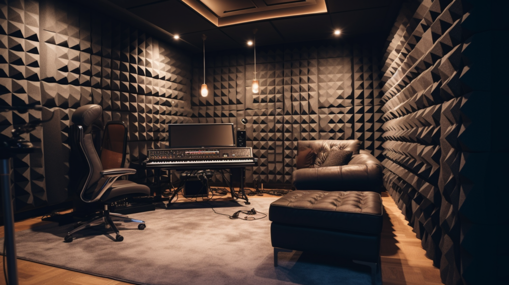 A comparison between a recording studio with soundproofing panels on the walls, providing effective sound transmission reduction and controlled acoustics, and a podcasting setup featuring soundproof blankets draped over equipment and furniture, offering a flexible solution for reducing echoes and sound absorption.