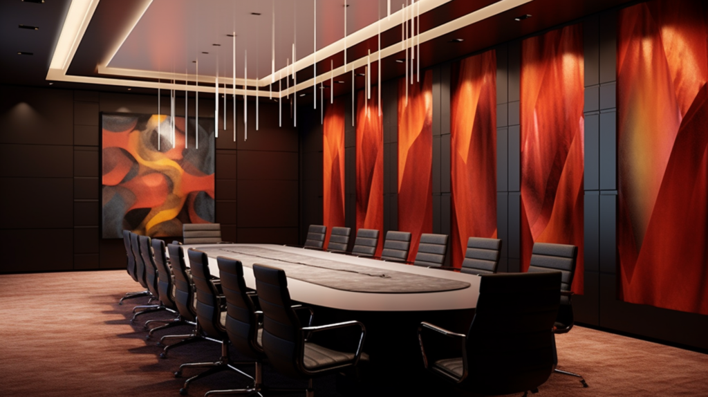 A comparison between an upscale corporate boardroom with decorative acoustic panels that blend seamlessly into the room's aesthetics and a live music stage setup featuring soundproof blankets for quick and effective sound absorption. Acoustic panels enhance both sound quality and visual appeal, while soundproof blankets are durable and portable, catering to transient environments.