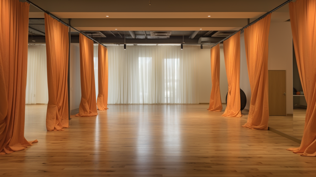A multi-use space with soundproof blankets on the walls, transitioning from a yoga studio to a dance practice area. The blankets help reduce echoes and improve sound clarity, catering to various activities in the room.