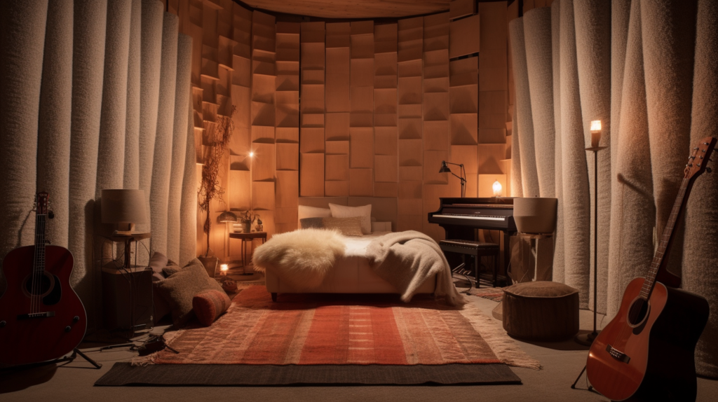  A soundproofed music studio featuring strategically placed soundproof blankets along its walls. Soft and porous, the blankets absorb sound waves, reducing echoes and creating a serene acoustic environment. Musical instruments are set up in the warmly lit room, ready for a recording session.