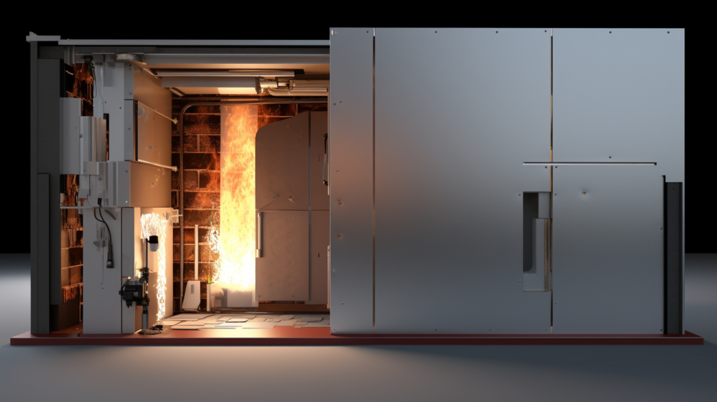 An illustration of a cross-section of a fire door in a building. The door is constructed with robust, fire-resistant materials like thick timber, metal, and gypsum. On one side, there are flames and sound waves, while on the other side, there is a quiet and safe space. The image highlights how fire resistance in the door leads to both flame protection and sound reduction.