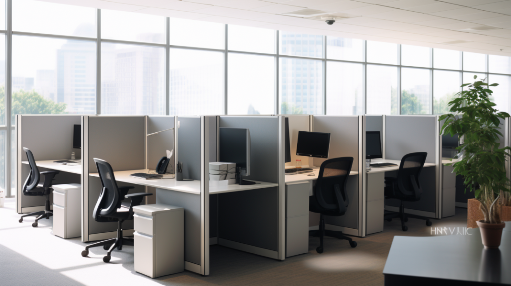 An office space with cubicles featuring stylish vertical sound barriers that extend above the cubicle partitions. These barriers are both functional and visually appealing, seamlessly integrated into the office's design. They intercept sound waves, enhancing the acoustic environment and preventing noise transfer over cubicle walls, resulting in a quieter and more focused workspace.