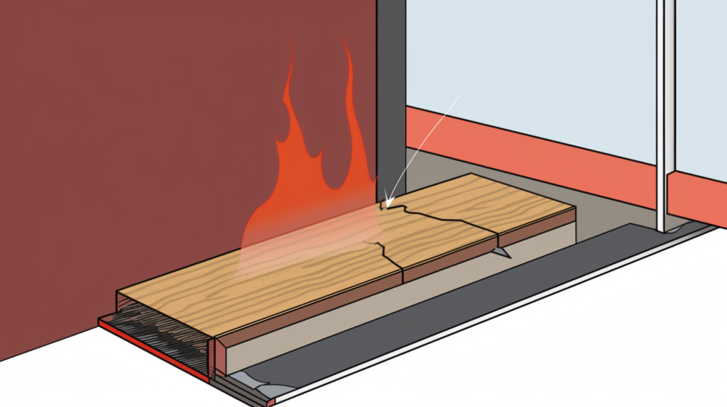 An illustration of a cross-section of a fire door with a focus on the bottom of the door. An acoustic rubber seal is depicted attached to the door's bottom edge. When the door is closed, the rubber seal compresses and creates a tight seal with the floor, effectively preventing sound from passing underneath. The image also shows gaps around the door's perimeter, which are sealed with additional acoustic rubber seals to block sound transmission while allowing the door to open and close properly.