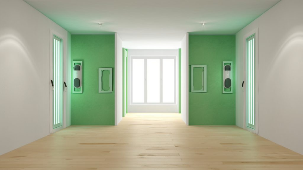 An illustrative representation of Green Glue's effectiveness in soundproofing walls. Two adjacent rooms are depicted, with one utilizing standard construction adhesive between drywall layers (left) and the other employing Green Glue (right). Soundwaves escaping from the room on the left contrast with the soundproofed tranquility of the room on the right. This visual underlines the substantial difference Green Glue makes in minimizing sound transmission between walls