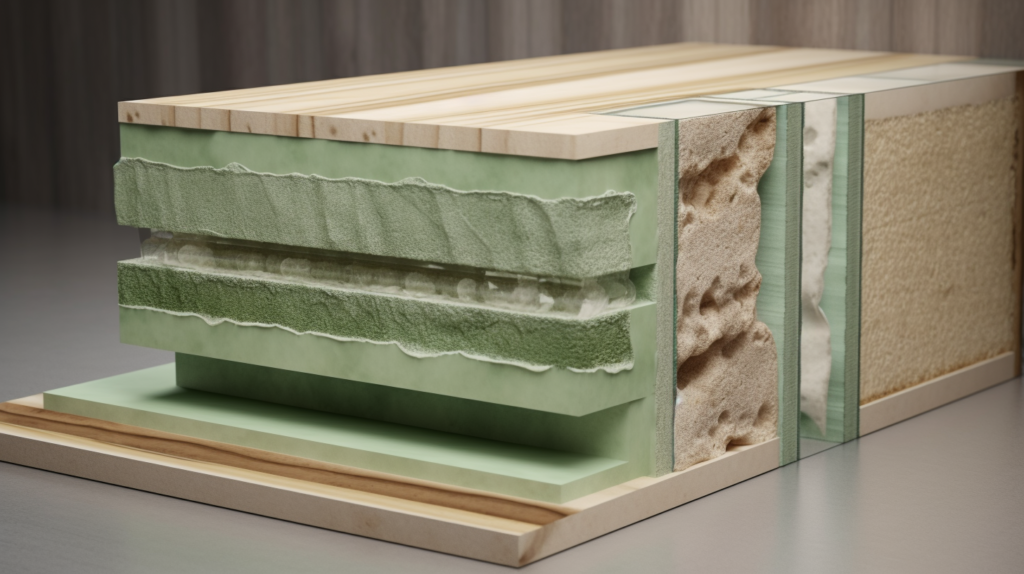 An illustrative representation of the distinctive curing process of Green Glue and its contribution to soundproofing. The image features a cross-section view of two drywall panels bonded with Green Glue. Over the course of 30 days, the Green Glue layer undergoes a transformation from its initial liquid state to a slightly tacky and flexible composition, crucial for absorbing and dispersing sound energy. This visual underscores the gradual improvement of soundproofing capabilities during the curing process