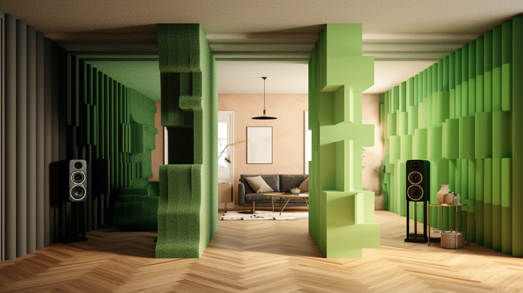 n illustrative representation of the advantages of choosing Green Glue over traditional construction adhesives, with a focus on soundproofing. Two adjoining rooms are displayed, one with a conventional adhesive (left) and the other with Green Glue (right). Soundwaves intrude into the room on the left, causing disturbance, while the room on the right maintains a tranquil atmosphere. This visual emphasizes Green Glue's exceptional noise reduction qualities and its role in establishing peaceful surroundings