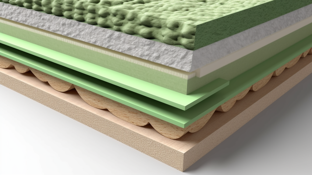 An illustrative depiction of a soundproofed room featuring a multi-layered soundproofing system. In the image, Green Glue is visibly applied between two layers of drywall, representing its crucial role in the overall soundproofing strategy. This visual highlights how Green Glue works in tandem with other soundproofing materials to create a comprehensive sound barrier, emphasizing the importance of a multi-layered approach for effective noise reduction