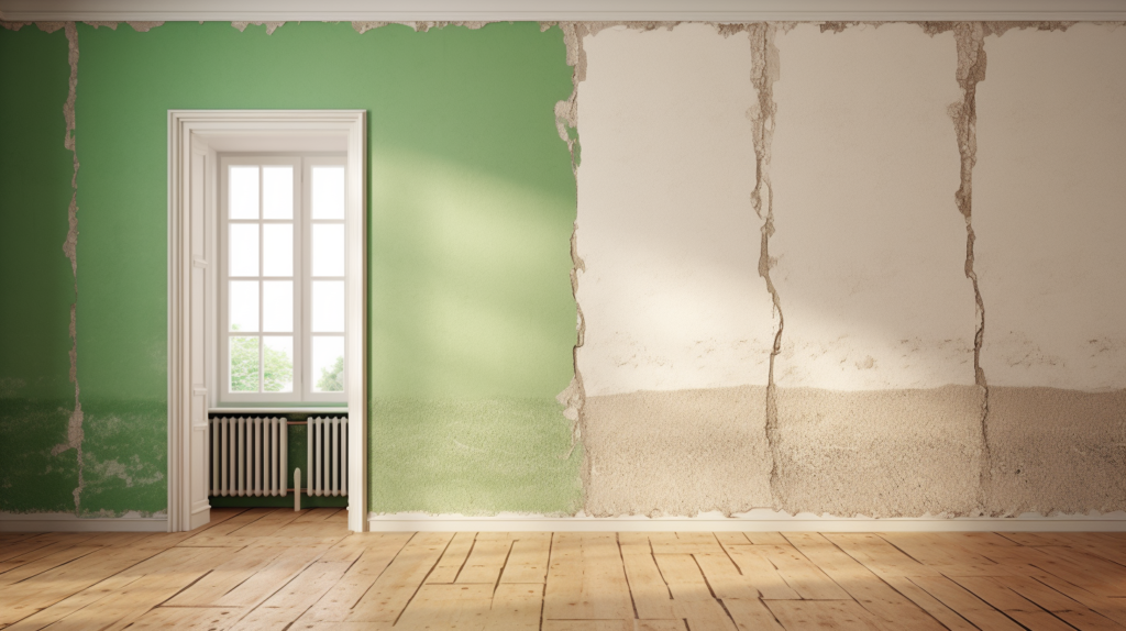 An illustrative representation of the enduring durability of Green Glue. The image features two rooms, one with standard construction adhesive (left) and the other with Green Glue (right). As time passes, the room with conventional adhesive experiences wall cracks and reduced soundproofing effectiveness. Meanwhile, the room with Green Glue maintains its integrity, emphasizing its long-lasting durability and sustained soundproofing performance