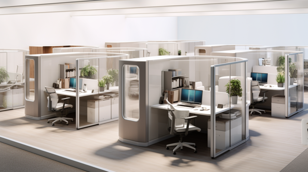 An open-plan office featuring strategically positioned sound dividers that enhance the acoustic environment while maintaining a sense of unity and community. In a separate area, sleek soundproof booths provide private, quiet spaces for employees to retreat and focus on tasks. The image illustrates the balance between collaboration and concentration in a dynamic workspace.