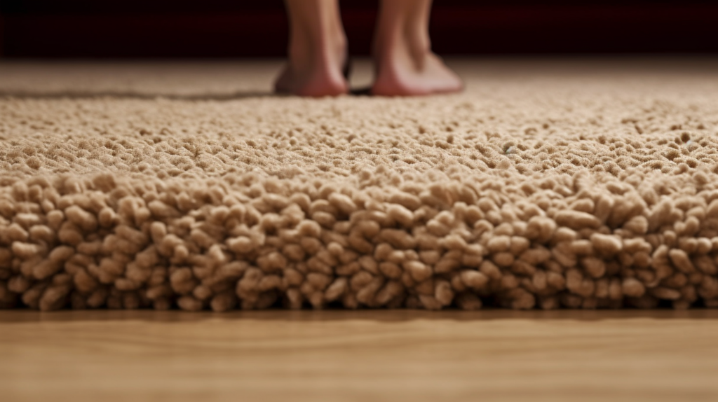 A close-up of a carpeted floor, where a person is taking a step. The carpet acts as a cushion, absorbing the impact and reducing vibrations transmitted through the floor.