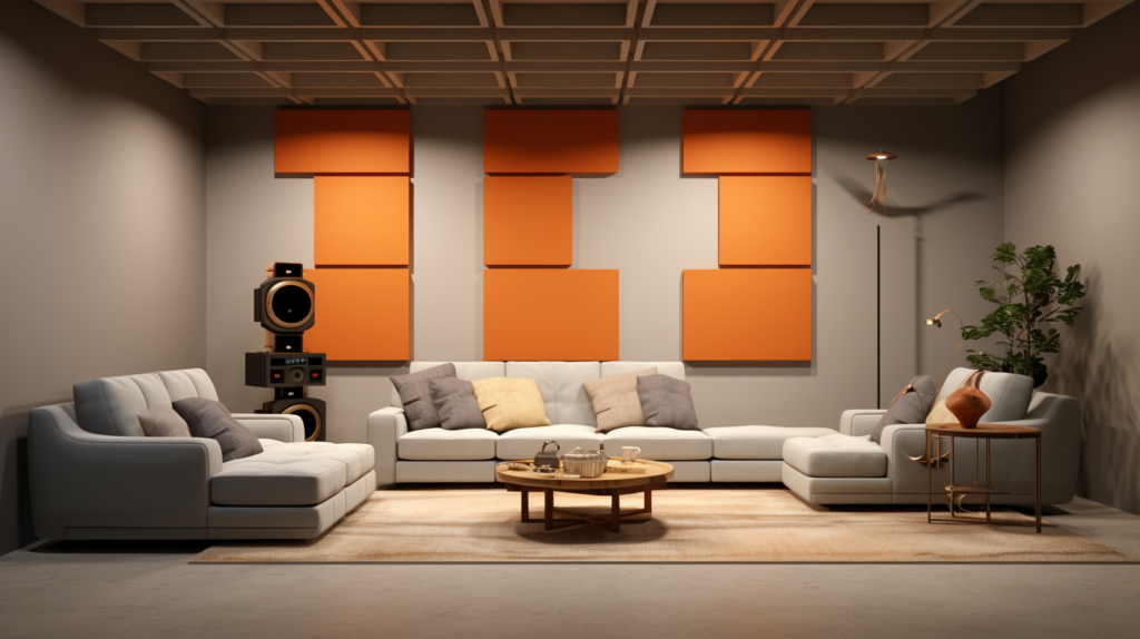 An interior view of a basement with carefully positioned acoustic panels on walls and ceiling. The panels enhance both the aesthetics and acoustic performance, creating a well-balanced recreational space.
