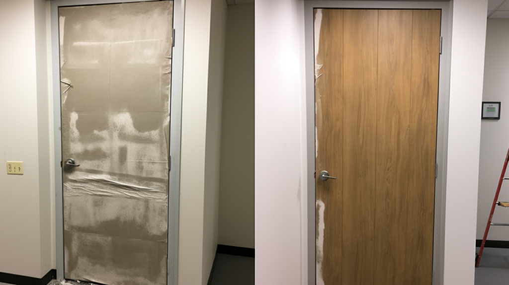 Comparison image displaying the effectiveness of soundproofing on a door. The untreated door on the left, and the same door on the right, upgraded with soundproofing materials, weatherstripping, and additional seals for enhanced acoustic performance.