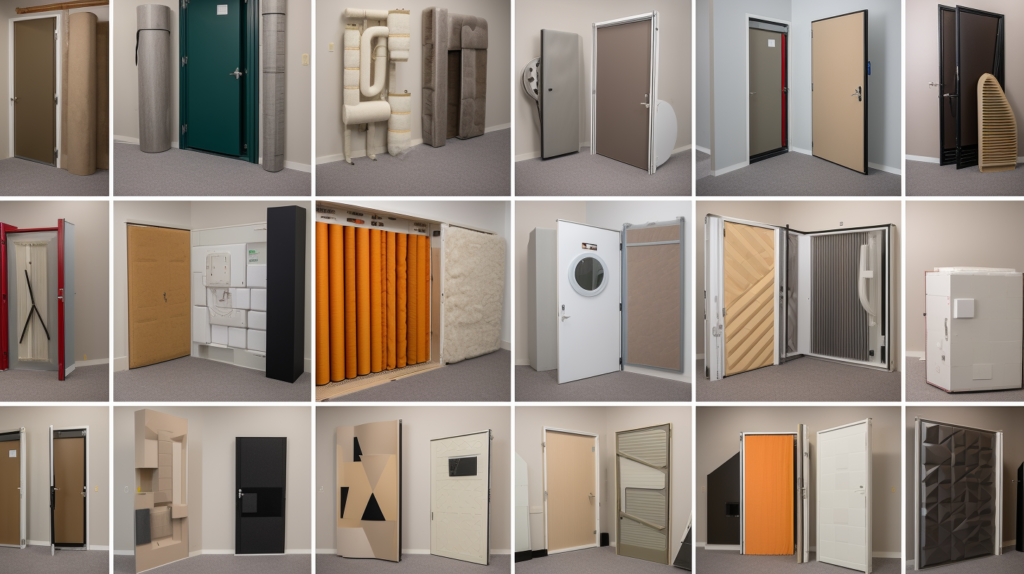 A collage of images illustrating different soundproofing techniques for metal doors. Techniques include the use of mass loaded vinyl sheets, acoustic curtains, sealed electrical outlets, quiet hinges, sound masking devices, heavy rugs, door frame fillers, damping compound application, and replacement of the door frame with a solid core frame