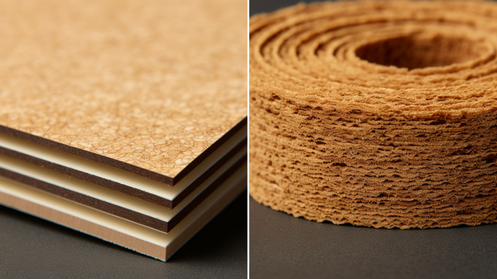 A comparative image illustrating the limitations of 3mm cork for soundproofing. On the left, a thin 3mm cork sheet struggles to contain sound waves, emphasizing its inadequacy for effective soundproofing. On the right, a thicker cork layer showcases the importance of mass in blocking and absorbing noise. The visual underscores the misconception surrounding the 3mm recommendation, highlighting the need for substantial thickness for genuine soundproofing against various sources of noise.
