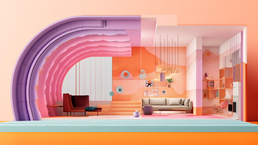 A cross-section conceptual illustration of a vibrant orange soundproof room with semi-transparent walls showing layers - Kingspan rigid foam insulation boards in green, acoustic caulk sealing edges blue, resilient channels pink, and double drywall purple. Sound waves in circular shapes bounce through the layers