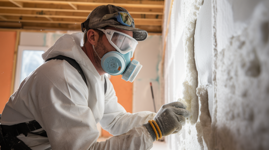 A skilled worker wearing safety goggles and a mask while soundproofing a basement wall. The image shows precise measurements, careful cutting of drywall, and the installation of resilient channels and dense mineral wool insulation for effective noise reduction.