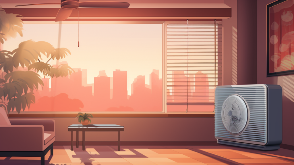 A visual representation of the soundproofing process for a window air conditioner. The image showcases a serene room with a window AC unit, now soundproofed, allowing for quiet operation. The journey from a noisy compressor and fan motor to a tranquil space is reflected in this illustration.