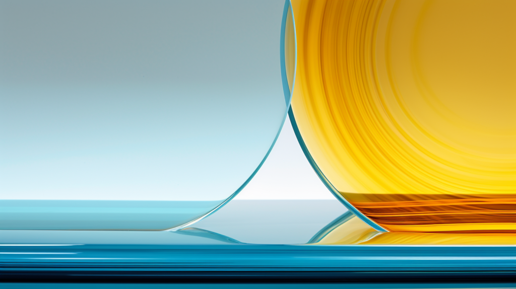 Laminated glass cross section with plastic interlayer in between two sheets of glass. The interlayer filters noise and holds glass layers together.