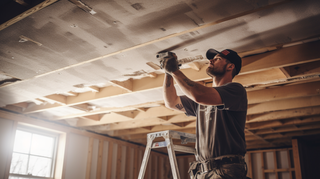 A skilled builder at work, assembling a soundproof basement ceiling. The photo shows the careful placement of wooden studs, installation of Roxul Safe'n'Sound insulation, and the strategic application of Mass Loaded Vinyl (MLV) sheets for maximum noise reduction.
