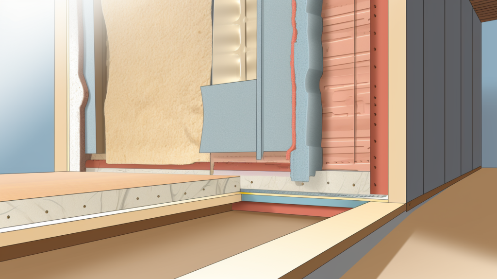Illustration depicting a cross-section of a wall with enhanced soundproofing using multiple layers of drywall, offset seams, and thick insulation. Acoustic caulk is meticulously applied around the edges, showcasing a comprehensive approach to improving drywall's soundproofing ability. This method combines mass, damping, and sealing for effective noise reduction in interior spaces