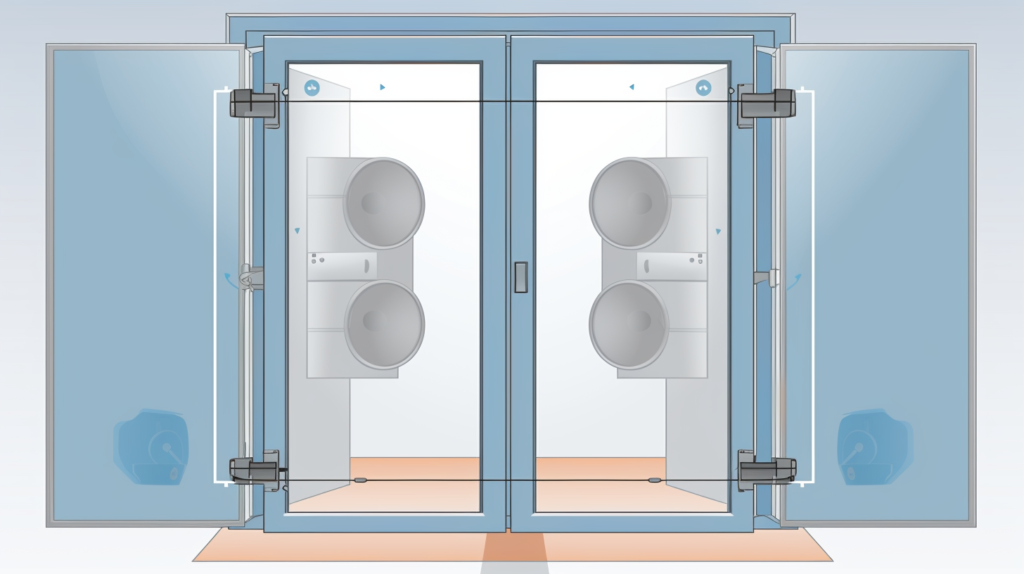 Illustration of a double door arrangement for soundproofing, creating an airlock effect. Two doors are spaced apart with an airspace in between, forming an acoustic buffer. The doors feature perimeter seals and a door bottom sweep for effective sound isolation
