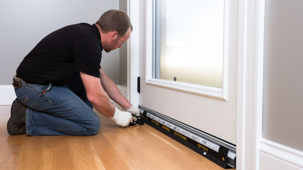 Installing door sweeps and perimeter seals for soundproofing a metal door. A person attaches a door sweep along the bottom of the door, covering the gap between the door and the floor. Foam tape or silicone gaskets are applied around the sides and top of the door jambs to seal any remaining air gaps, ensuring effective soundproofing