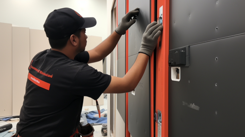 Installing soundproofing panels on a metal door. Dense rubber panels are applied to the door surface using adhesive backing. A person uses a utility knife to cut the panels to size. The panels cover the entire door, adding mass to improve sound isolation