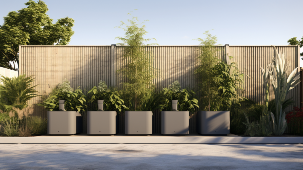 Experience tranquility in your garden with acoustic fencing. The image features a lush garden enclosed by purpose-built acoustic barriers made of concrete and bamboo. The fencing, taller than surrounding sources of noise, serves as an immediate and effective solution to soundproof the garden, creating a peaceful oasis shielded from disruptive external sounds