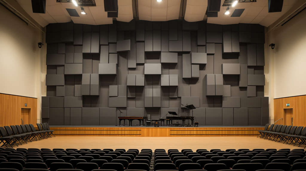 Adding acoustic treatment to a large hall. The image features strategically placed absorptive panels, diffusers, and bass traps on the walls. Corner-mounted absorption panels prevent resonant build-up, well-type and pyramidal diffusers disperse focused sound, and bass traps counteract low-frequency resonances. The setup achieves a balanced combination of absorption, diffusion, and bass trapping for optimal room acoustics