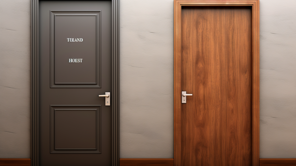 Comparison image of a standard hollow metal door on the left and a heavy solid core wood or steel door on the right. The graphic highlights differences in construction, density, and materials, emphasizing the factors contributing to improved soundproofing in the heavier door