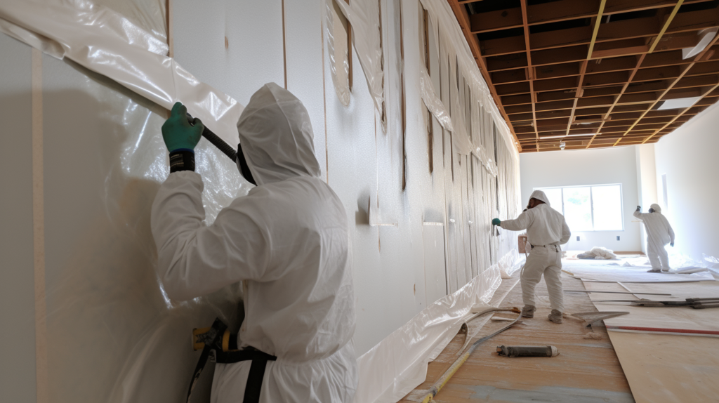 "Step-by-step soundproofing of a large hall wall and ceiling. The image depicts workers removing existing drywall, inspecting studs, and installing high-density insulation boards. Resilient channels are horizontally fastened, creating a decoupled inner wall surface. New drywall sheets are securely installed and caulked with acoustic sealant, resulting in a meticulously soundproofed and airtight barrier in the large hal